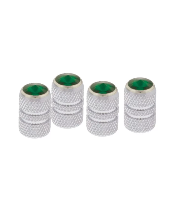 (4/CARD) CHROME TUBULAR VALVE CAPS W/ DIAMOND - GREEN (4/CARD) CHROME TUBULAR VALVE CAPS W/ DIAMOND - GREEN