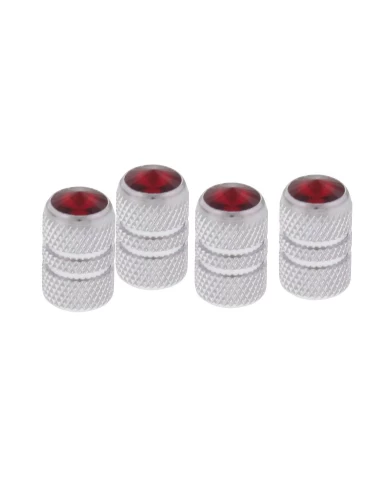 (4/CARD) CHROME TUBULAR VALVE CAPS W/ DIAMOND - RED (4/CARD) CHROME TUBULAR VALVE CAPS W/ DIAMOND - RED
