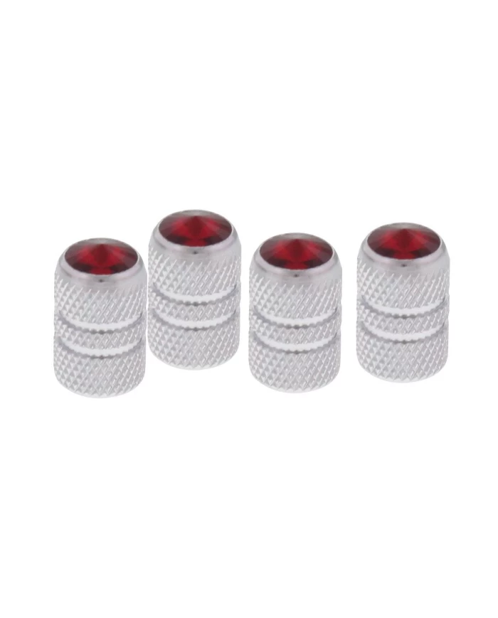 (4/CARD) CHROME TUBULAR VALVE CAPS W/ DIAMOND - RED