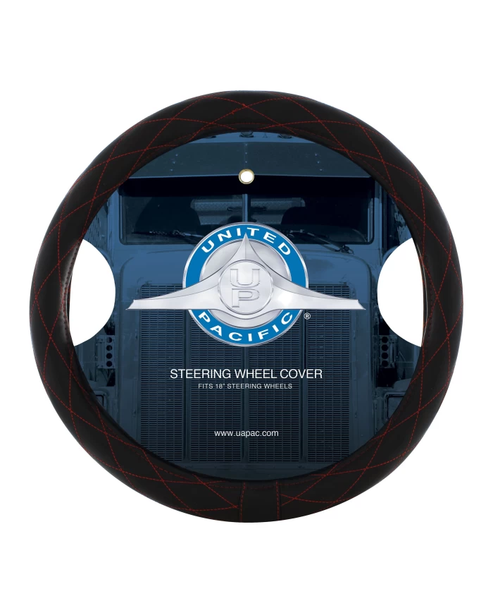 (CARD) 18" BLACK DIAMOND STITCHED LEATHER STEERING WHEEL COVER - RED DIAMOND STITCHING (CARD) 18" BLACK DIAMOND STITCHED LEATHER STEERING WHEEL COVER - RED DIAMOND STITCHING