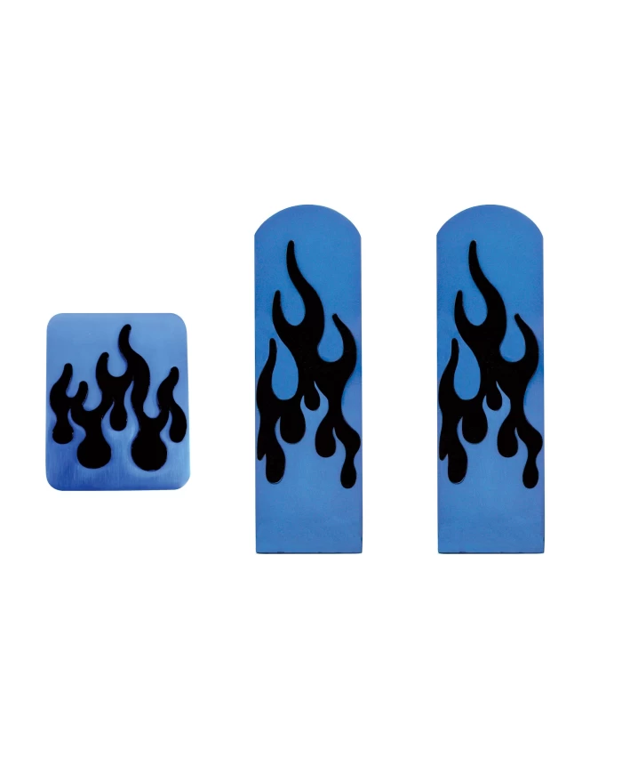 (3/BOX) ANODIZED BLUE ALUMINUM PETERBILT PEDAL SET W/ RUBBER FLAME INSERT - BLACK (3/BOX) ANODIZED BLUE ALUMINUM PETERBILT PEDAL SET W/ RUBBER FLAME INSERT - BLACK