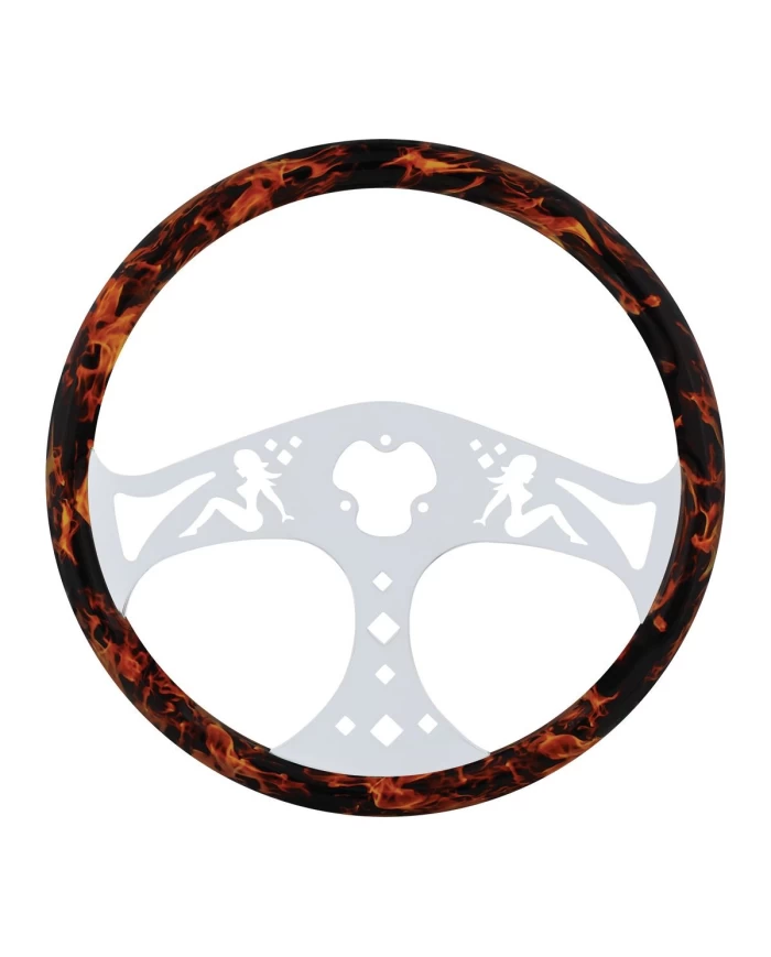 (CBOX) 18" FLAME CHROME STEERING WHEEL - 3 SPOKES "LADY "