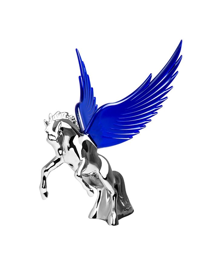 CR FIGHTING STALLION HOOD ORN W/ BLUE WINDRIDERS, 6.5"X7.5"