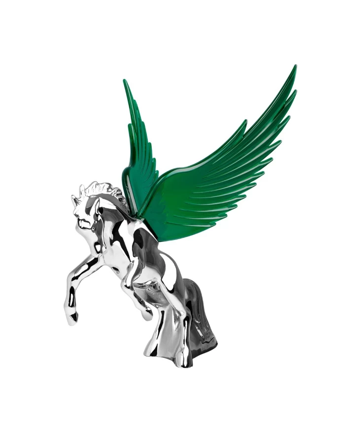 CR FIGHTING STALLION HOOD ORN W/ GREEN WINDRIDERS, 6.5"X7.5"