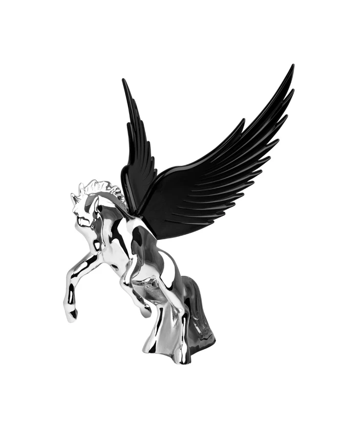 CR FIGHTING STALLION HOOD ORN W/ BLACK WINDRIDERS, 6.5"X7.5"