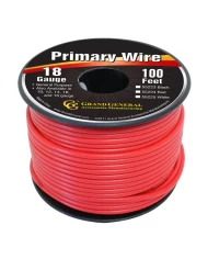 RED 18GA PRIMARY WIRE, 100FT ROLL W/ SPOOL