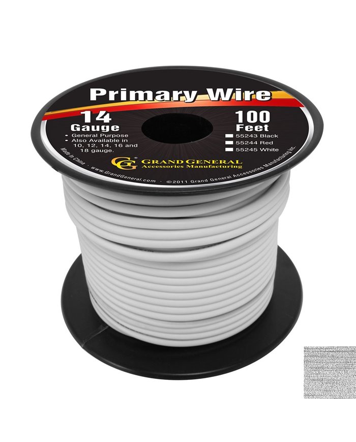 WHITE 14GA PRIMARY WIRE, 100FT ROLL W/ SPOOL