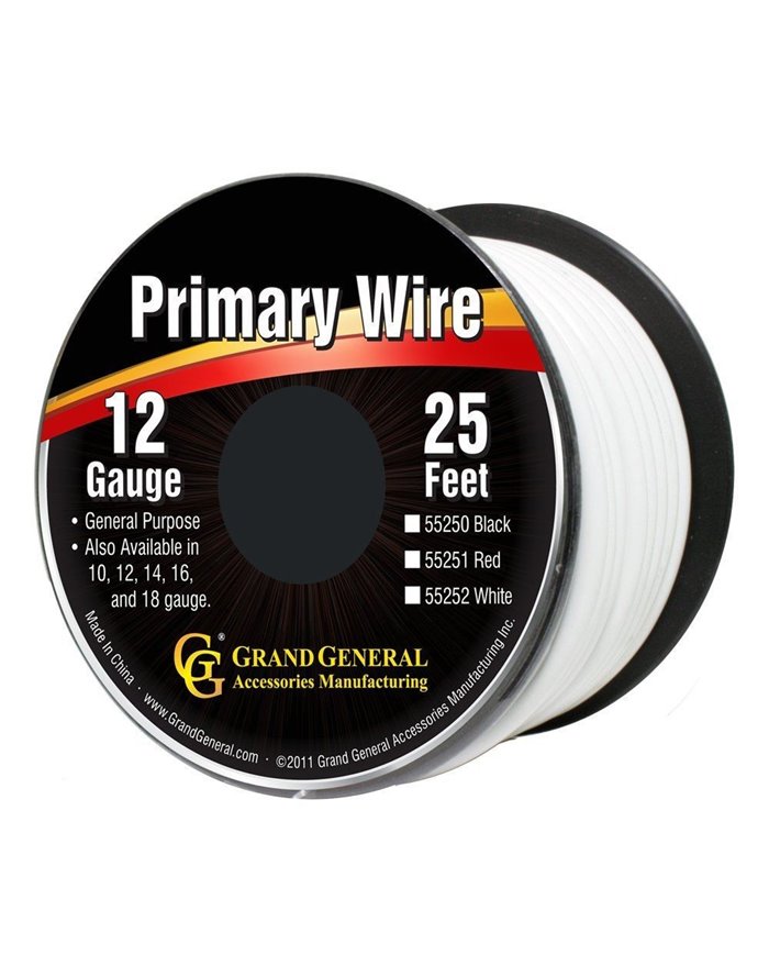WHITE 12GA PRIMARY WIRE, 25FT ROLL W/ SPOOL