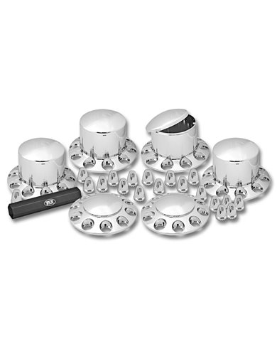 Chrome Plastic ABS Front & Rear Hub Cover Kit with Removeable Hubcap & Threaded Nut Covers (2 Front, 4 Rear & Nut Cover Puller) Chrome Plastic ABS Front & Rear Hub Cover Kit with Removeable Hubcap & Threaded Nut Covers (2 Front, 4 Rear & Nut Cover Puller)