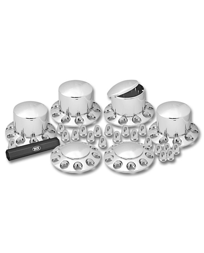 Chrome Plastic ABS Front & Rear Hub Cover Kit with Removeable Hubcap & Threaded Nut Covers (2 Front, 4 Rear & Nut Cover Puller) Chrome Plastic ABS Front & Rear Hub Cover Kit with Removeable Hubcap & Threaded Nut Covers (2 Front, 4 Rear & Nut Cover Puller)