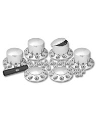 Chrome Plastic ABS Front & Rear Hub Cover Kit with Removeable Hubcap & Threaded Nut Covers (2 Front, 4 Rear & Nut Cover Puller) Chrome Plastic ABS Front & Rear Hub Cover Kit with Removeable Hubcap & Threaded Nut Covers (2 Front, 4 Rear & Nut Cover Puller)