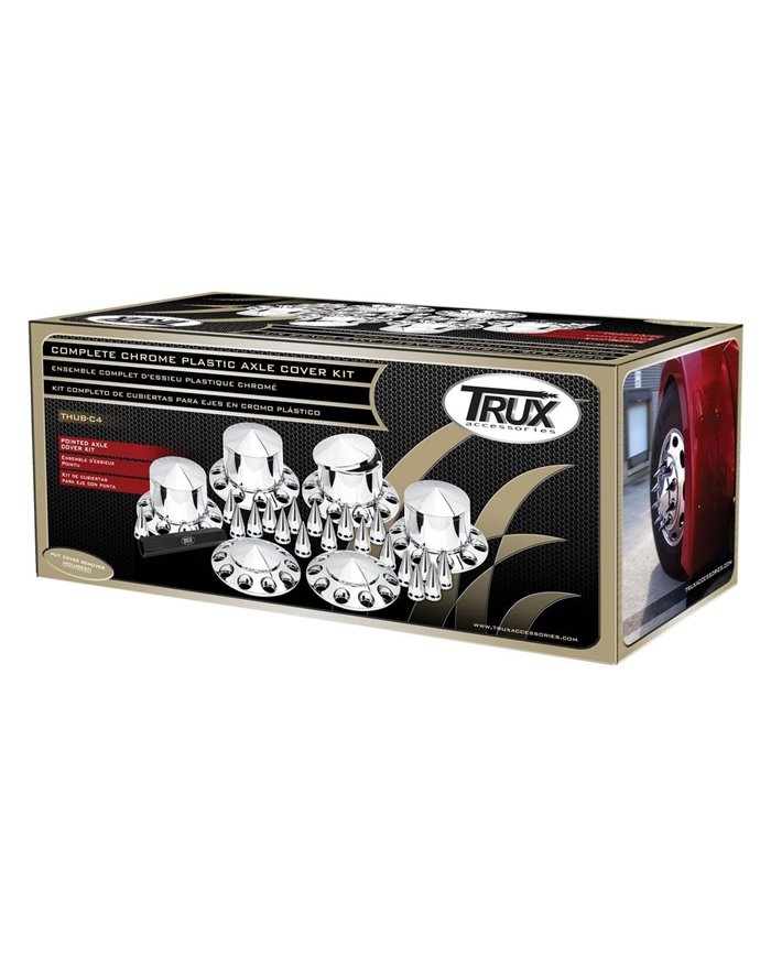Chrome Plastic ABS Front & Rear Hub Cover Kit with Removeable Hubcap & Threaded Pointed Nut Covers (2 Front, 4 Rear & Nut Cover Chrome Plastic ABS Front & Rear Hub Cover Kit with Removeable Hubcap & Threaded Pointed Nut Covers (2 Front, 4 Rear & Nut Cover