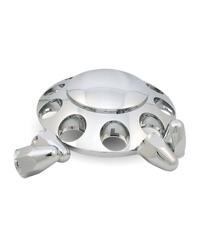 Chrome Plastic ABS Front Hub Cover with Removeable Hubcap & 10 x 1 1/2 Push-On Nut Covers" Chrome Plastic ABS Front Hub Cover with Removeable Hubcap & 10 x 1 1/2 Push-On Nut Covers"