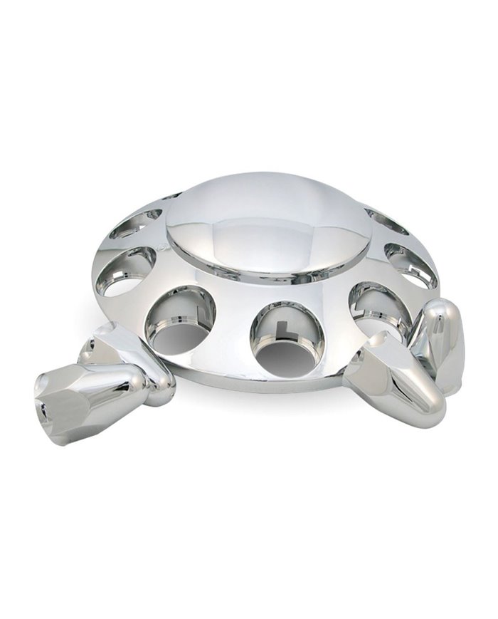 Chrome Plastic ABS Front Hub Cover with Removeable Hubcap & 10 x 1 1/2 Push-On Nut Covers"