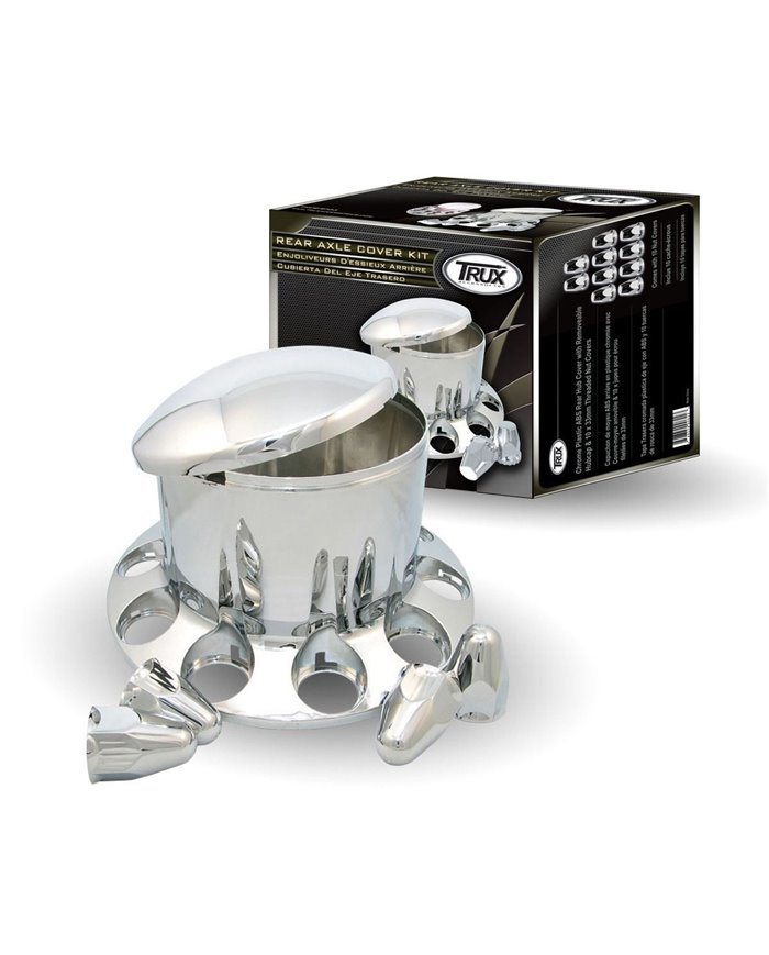 Chrome Plastic ABS Rear Hub Cover with Removeable Hubcap & 10 x 33mm Threaded Nut Covers Chrome Plastic ABS Rear Hub Cover with Removeable Hubcap & 10 x 33mm Threaded Nut Covers