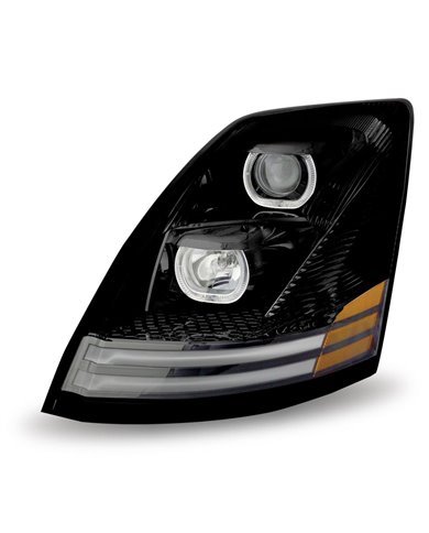 Volvo VNL Incandescent Headlight Assembly with LED - Runnig Light / Turn Signal - Black (Driver Side) Volvo VNL Incandescent Headlight Assembly with LED - Runnig Light / Turn Signal - Black (Driver Side)