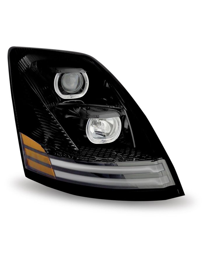 Volvo VNL Incandescent Headlight Assembly with LED - Runnig Light / Turn Signal - Black (Passenger Side) Volvo VNL Incandescent Headlight Assembly with LED - Runnig Light / Turn Signal - Black (Passenger Side)