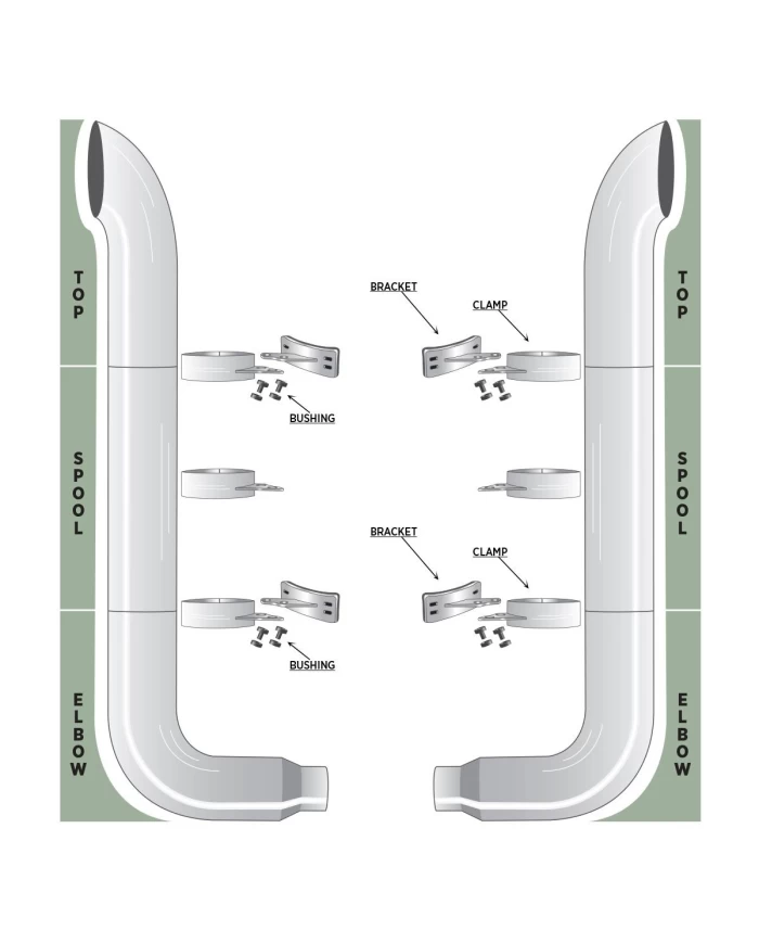 60" Curved Stack, 55" Spool, 10"-5" Elbow, Clamps, Lower Brackets & Bushings 60" Curved Stack, 55" Spool, 10"-5" Elbow, Clamps, Lower Brackets & Bushings