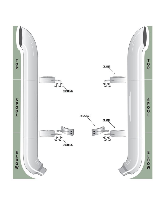 60" Curved Top Stacks, 55" Spools, 58° 6"-5" Elbows, Clamps, Lower Brackets & Bushings 60" Curved Top Stacks, 55" Spools, 58° 6"-5" Elbows, Clamps, Lower Brackets & Bushings