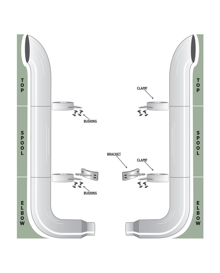 54" Mitered Top Stacks, 55" Spools, 90° 6"-5" Elbows, Clamps, Lower Brackets & Bushings 54" Mitered Top Stacks, 55" Spools, 90° 6"-5" Elbows, Clamps, Lower Brackets & Bushings