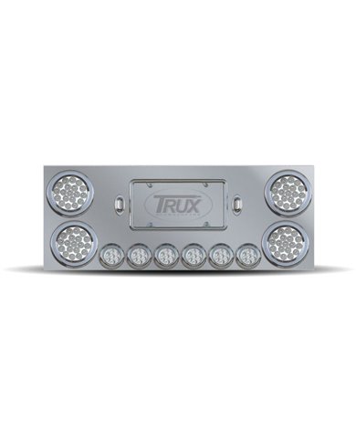 Stainless Steel Rear Center Panel with 4 x 4", 6 x 2" Dual Revolution (Red/Purple) & 2 Purple License Light LEDs Stainless Steel Rear Center Panel with 4 x 4", 6 x 2" Dual Revolution (Red/Purple) & 2 Purple License Light LEDs