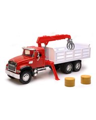 NRY17126 - 1:18 MACK GRANITE STAKE SIDE FLATBED TRUCK W/ CRANE AND HAY BALES