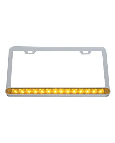 UP39743-Chrome License Plate Frame With 14 LED 12" Light Bar - Amber LED/Amber Lens