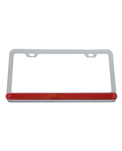 UP39744-Chrome License Plate Frame With 14 LED 12" Light Bar - Red LED/Red Lens
