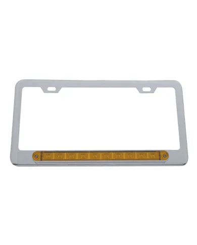 UP39755-Chrome License Plate Frame With 10 LED 9" Light Bar - Amber LED/Amber Lens
