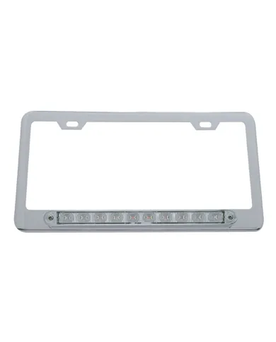 UP39758-Chrome License Plate Frame With 10 LED 9" Light Bar - Red LED/Clear Lens