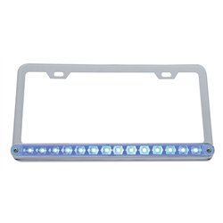 UP39779-Chrome License Plate Frame With 14 LED 12" Light Bar - Blue LED/Clear Lens