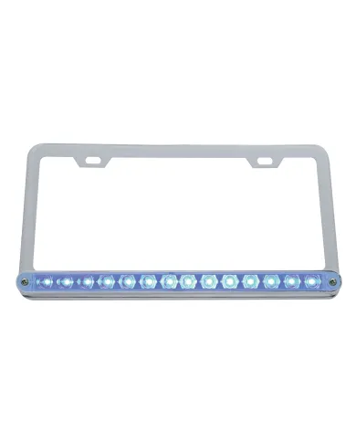 UP39779-Chrome License Plate Frame With 14 LED 12" Light Bar - Blue LED/Clear Lens