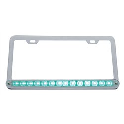 UP39780-Chrome License Plate Frame With 14 LED 12" Light Bar - Green LED/Clear Lens