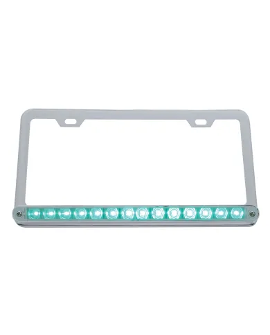 UP39780-Chrome License Plate Frame With 14 LED 12" Light Bar - Green LED/Clear Lens