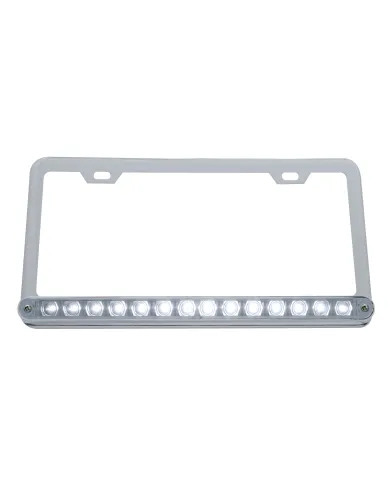 UP39781-Chrome License Plate Frame With 14 LED 12" Light Bar - White LED/Clear Lens