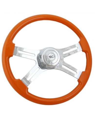SCI576-3003-77502-Classic Orange - 18" Painted Wood Rim, Chrome 4-Spoke w/Slot Cut Outs, Chrome Bezel, Chrome Horn Button SCI576-3003-77502-Classic Orange - 18" Painted Wood Rim, Chrome 4-Spoke w/Slot Cut Outs, Chrome Bezel, Chrome Horn Button