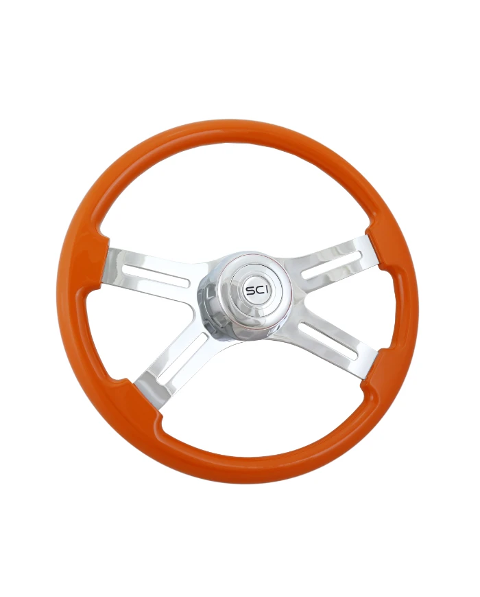 SCI576-3003-77502-Classic Orange - 18" Painted Wood Rim, Chrome 4-Spoke w/Slot Cut Outs, Chrome Bezel, Chrome Horn Button SCI576-3003-77502-Classic Orange - 18" Painted Wood Rim, Chrome 4-Spoke w/Slot Cut Outs, Chrome Bezel, Chrome Horn Button