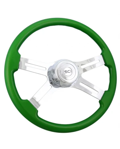 SCI577-3003-77502-Classic Green - 18" Painted Wood Rim, Chrome 4-Spoke w/Slot Cut Outs, Chrome Bezel, Chrome Horn Button SCI577-3003-77502-Classic Green - 18" Painted Wood Rim, Chrome 4-Spoke w/Slot Cut Outs, Chrome Bezel, Chrome Horn Button