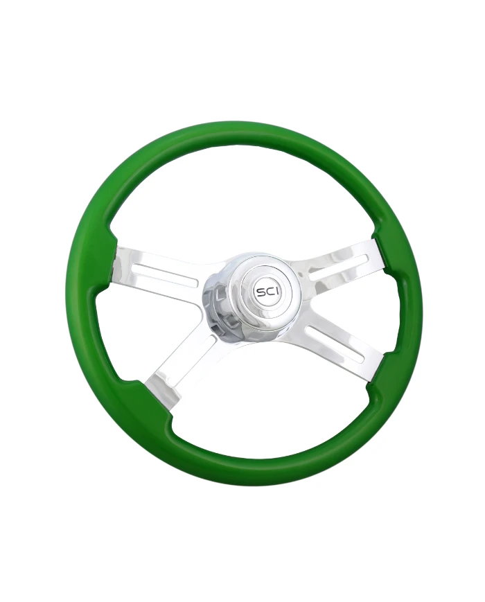 SCI577-3003-77502-Classic Green - 18" Painted Wood Rim, Chrome 4-Spoke w/Slot Cut Outs, Chrome Bezel, Chrome Horn Button SCI577-3003-77502-Classic Green - 18" Painted Wood Rim, Chrome 4-Spoke w/Slot Cut Outs, Chrome Bezel, Chrome Horn Button