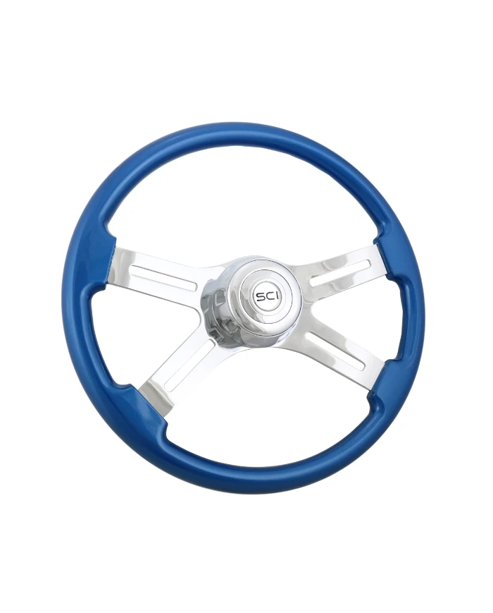 SCI581-3003-77502-Classic Blue - 18" Painted Wood Rim, Chrome 4-Spoke w/Slot Cut Outs, Chrome Bezel, Chrome Horn Button SCI581-3003-77502-Classic Blue - 18" Painted Wood Rim, Chrome 4-Spoke w/Slot Cut Outs, Chrome Bezel, Chrome Horn Button