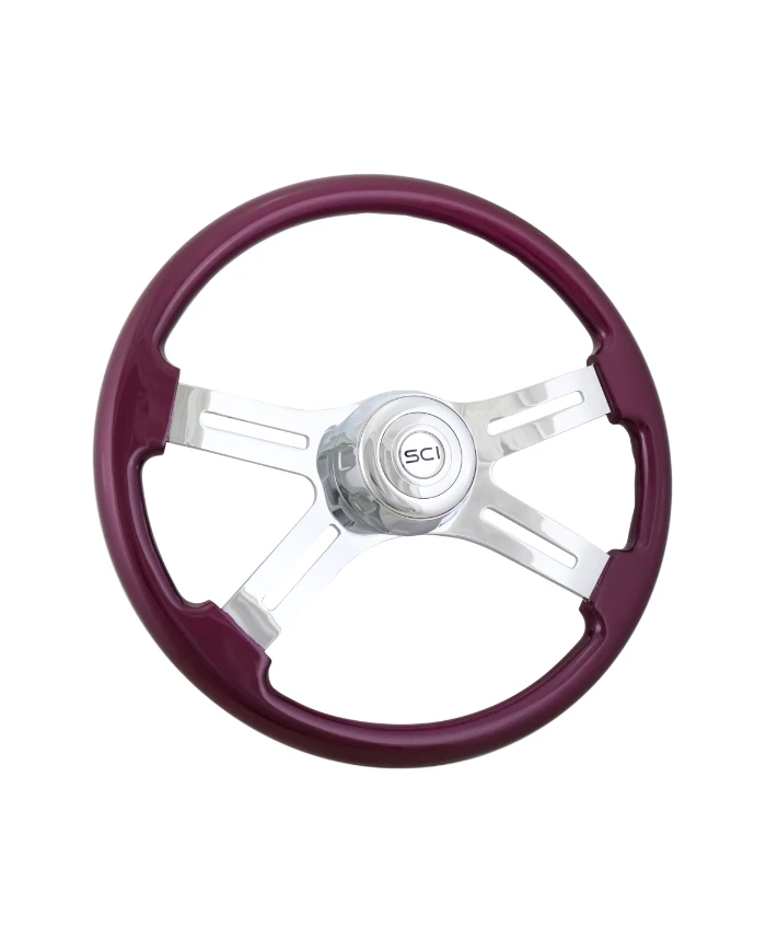 SCI582-3003-77502-Classic Purple - 18" Painted Wood Rim, Chrome 4-Spoke w/Slot Cut Outs, Chrome Bezel, Chrome Horn Button SCI582-3003-77502-Classic Purple - 18" Painted Wood Rim, Chrome 4-Spoke w/Slot Cut Outs, Chrome Bezel, Chrome Horn Button