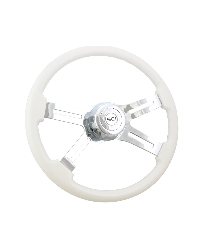 SCI585-3003-77502-Classic White - 18" Painted Wood Rim, Chrome 4-Spoke w/Slot Cut Outs, Chrome Bezel, Chrome Horn Button SCI585-3003-77502-Classic White - 18" Painted Wood Rim, Chrome 4-Spoke w/Slot Cut Outs, Chrome Bezel, Chrome Horn Button