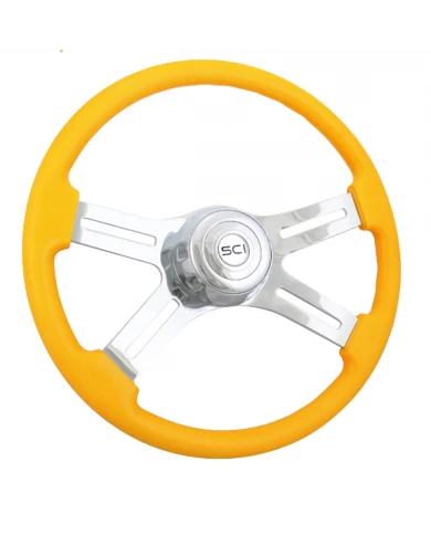 SCI586-3003-77502-Classic Yellow - 18" Painted Wood Rim, Chrome 4-Spoke w/Slot Cut Outs, Chrome Bezel, Chrome Horn Button SCI586-3003-77502-Classic Yellow - 18" Painted Wood Rim, Chrome 4-Spoke w/Slot Cut Outs, Chrome Bezel, Chrome Horn Button