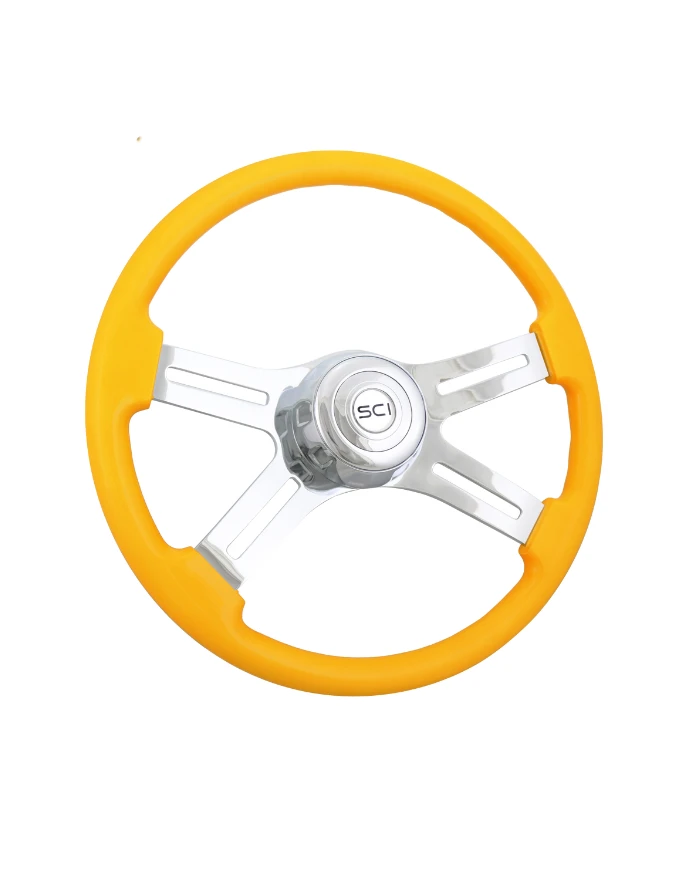 SCI586-3003-77502-Classic Yellow - 18" Painted Wood Rim, Chrome 4-Spoke w/Slot Cut Outs, Chrome Bezel, Chrome Horn Button
