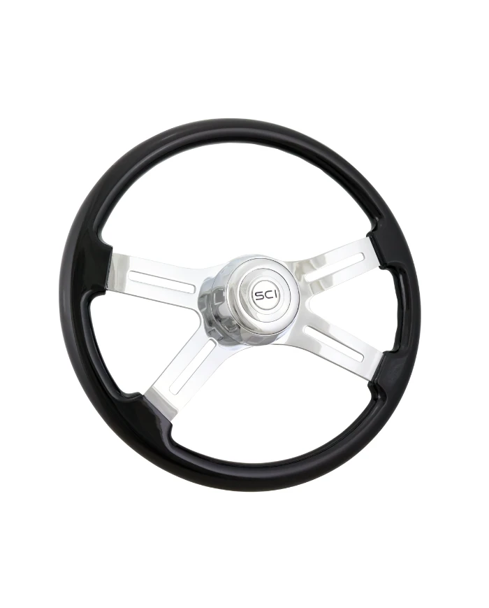 SCI590-3003-77502-Classic Black - 18" Painted Wood Rim, Chrome 4-Spoke w/Slot Cut Outs, Chrome Bezel, Chrome Horn Button SCI590-3003-77502-Classic Black - 18" Painted Wood Rim, Chrome 4-Spoke w/Slot Cut Outs, Chrome Bezel, Chrome Horn Button