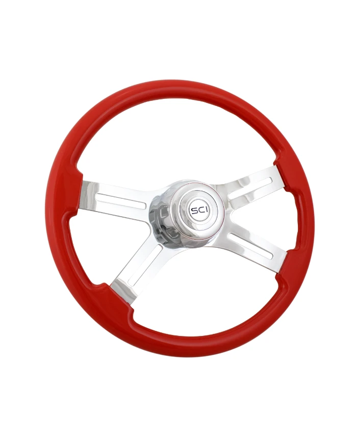 SCI562-3003-77502-Classic Viper Red - 18" Painted Wood Rim, Chrome 4-Spoke w/Slot Cut Outs, Chrome Bezel, Chrome Horn Button