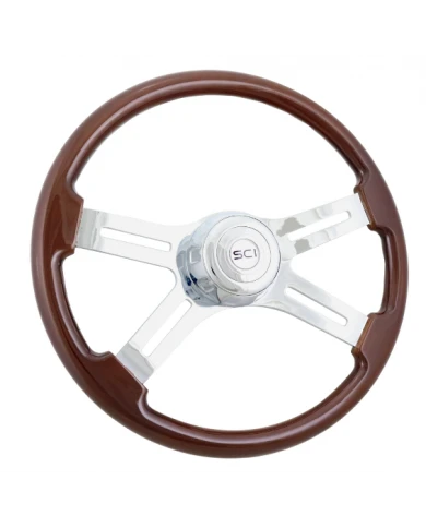 SCI280-3003-77502-Classic Mahogany - 18" Wood Rim, Chrome 4-Spoke w/Slot Cut Outs, Chrome Bezel, Chrome Horn Button SCI280-3003-77502-Classic Mahogany - 18" Wood Rim, Chrome 4-Spoke w/Slot Cut Outs, Chrome Bezel, Chrome Horn Button