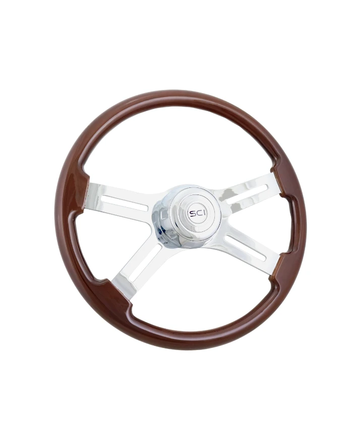 SCI280-3003-77502-Classic Mahogany - 18" Wood Rim, Chrome 4-Spoke w/Slot Cut Outs, Chrome Bezel, Chrome Horn Button
