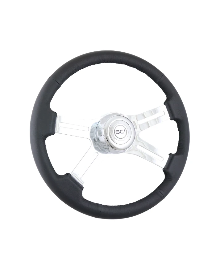 SCI380-3003-77502-Classic Leather - 18" Black Leather Rim, Chrome 4-Spoke w/Slot Cut Outs, Chrome Bezel, Chrome Horn Button SCI380-3003-77502-Classic Leather - 18" Black Leather Rim, Chrome 4-Spoke w/Slot Cut Outs, Chrome Bezel, Chrome Horn Button