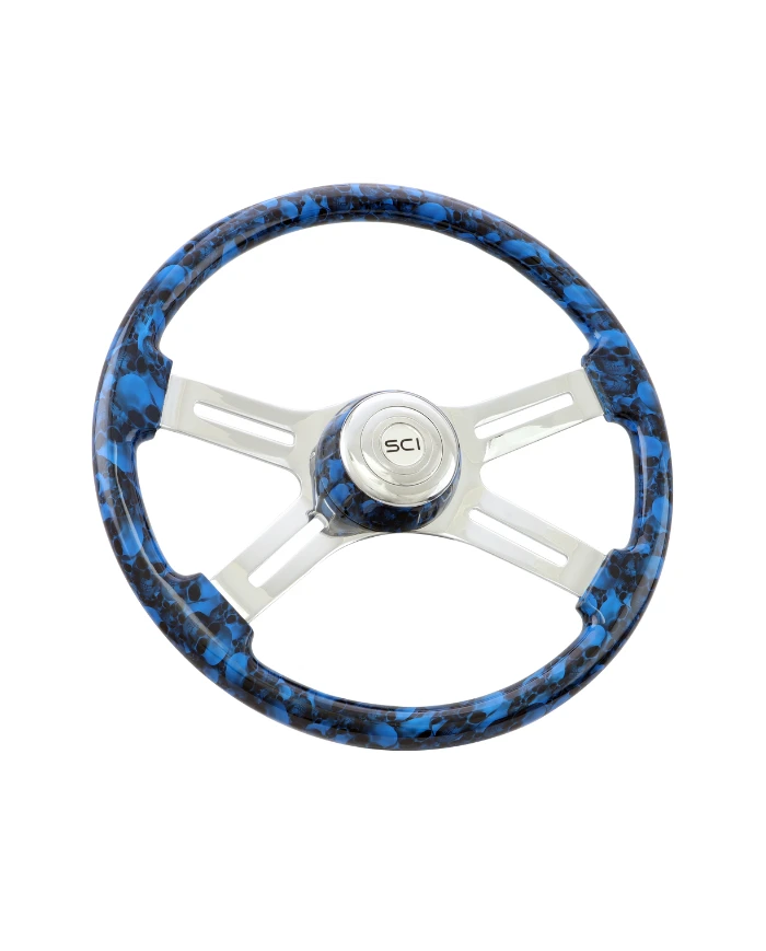 SCI591-3091-77502-Big Skulls Blue - 18" Printed Wood Rim, Chrome 4-Spoke w/Slot Cut Outs, Matching Bezel, Chrome Horn Button - L